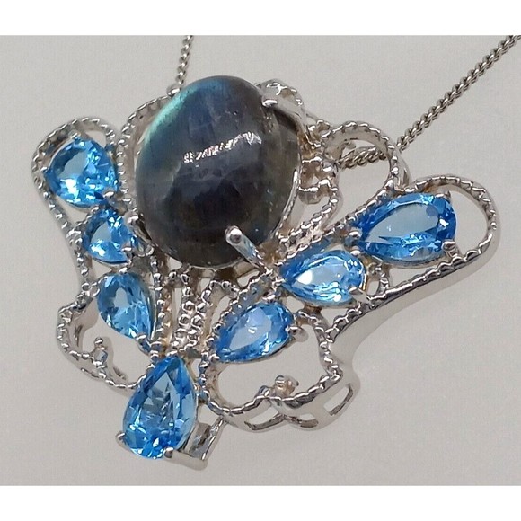 Chuck Clemency Blue Gemstone Topaz Pendant Necklace STS 925 Sterling Sparkly! - Picture 7 of 14